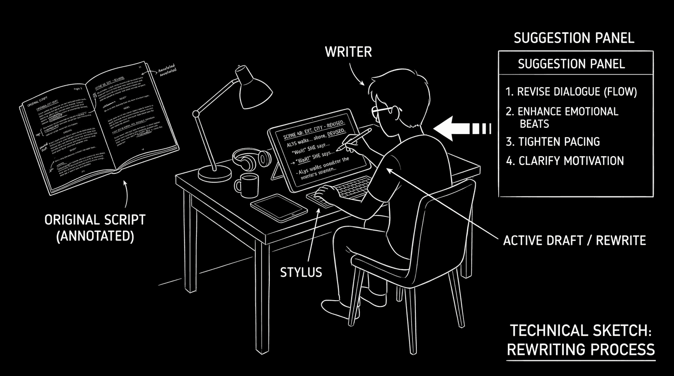 Dark mode technical sketch: script and suggestion panel, arrow to your rewrite; thin white lines on black