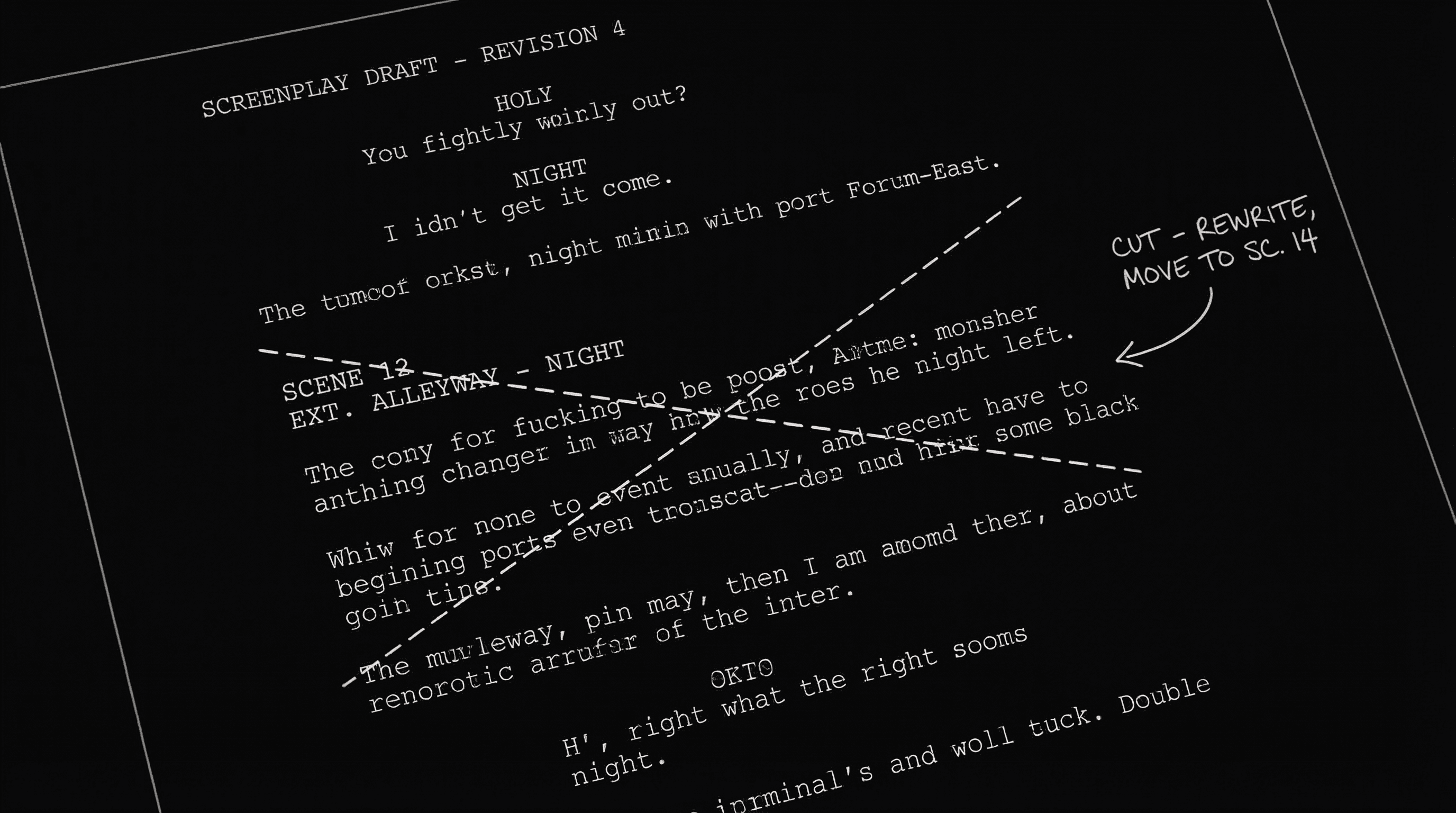 Script page with one scene crossed out, arrow to "cut"