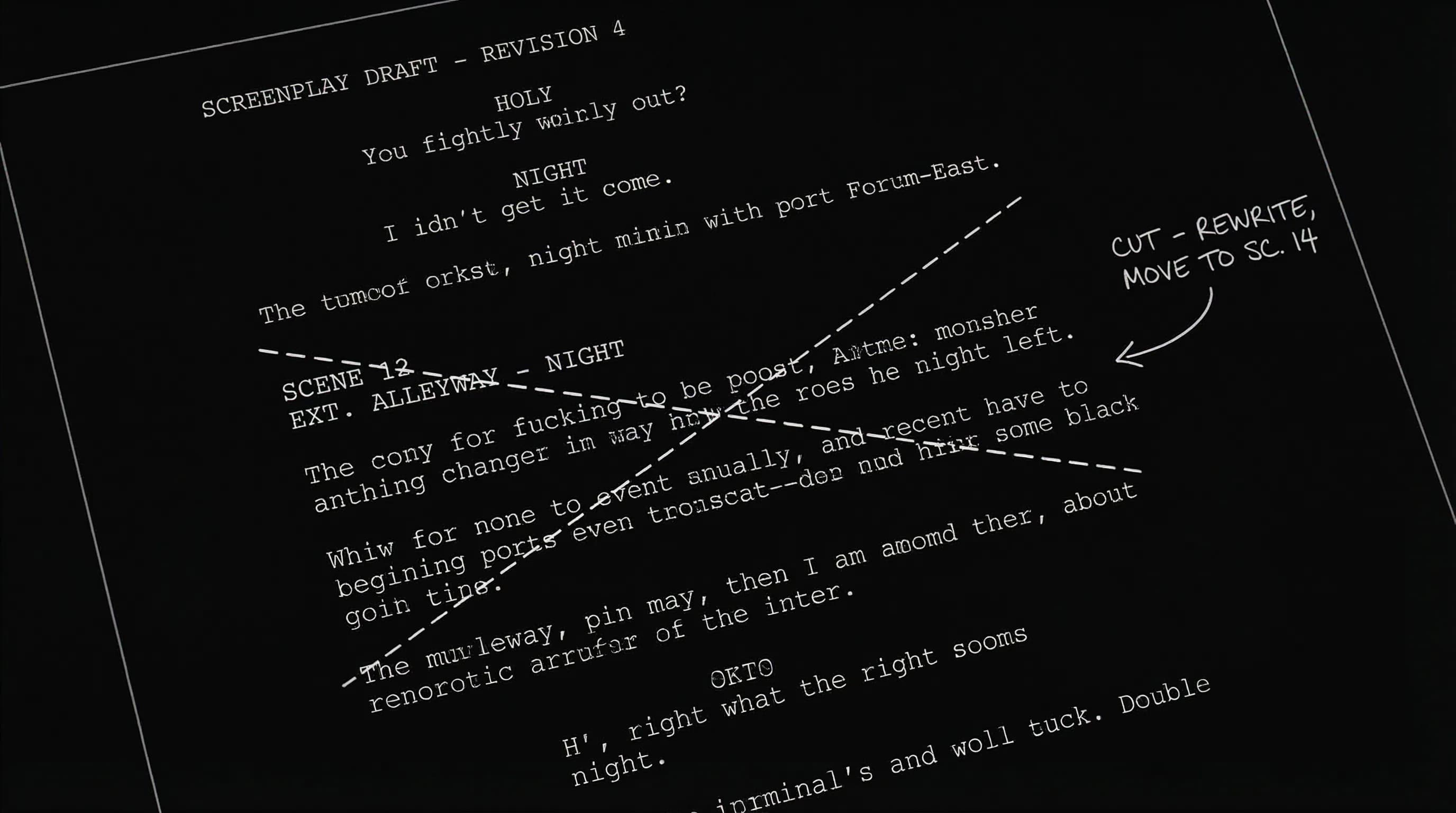 Script page with one scene crossed out, arrow to "cut"