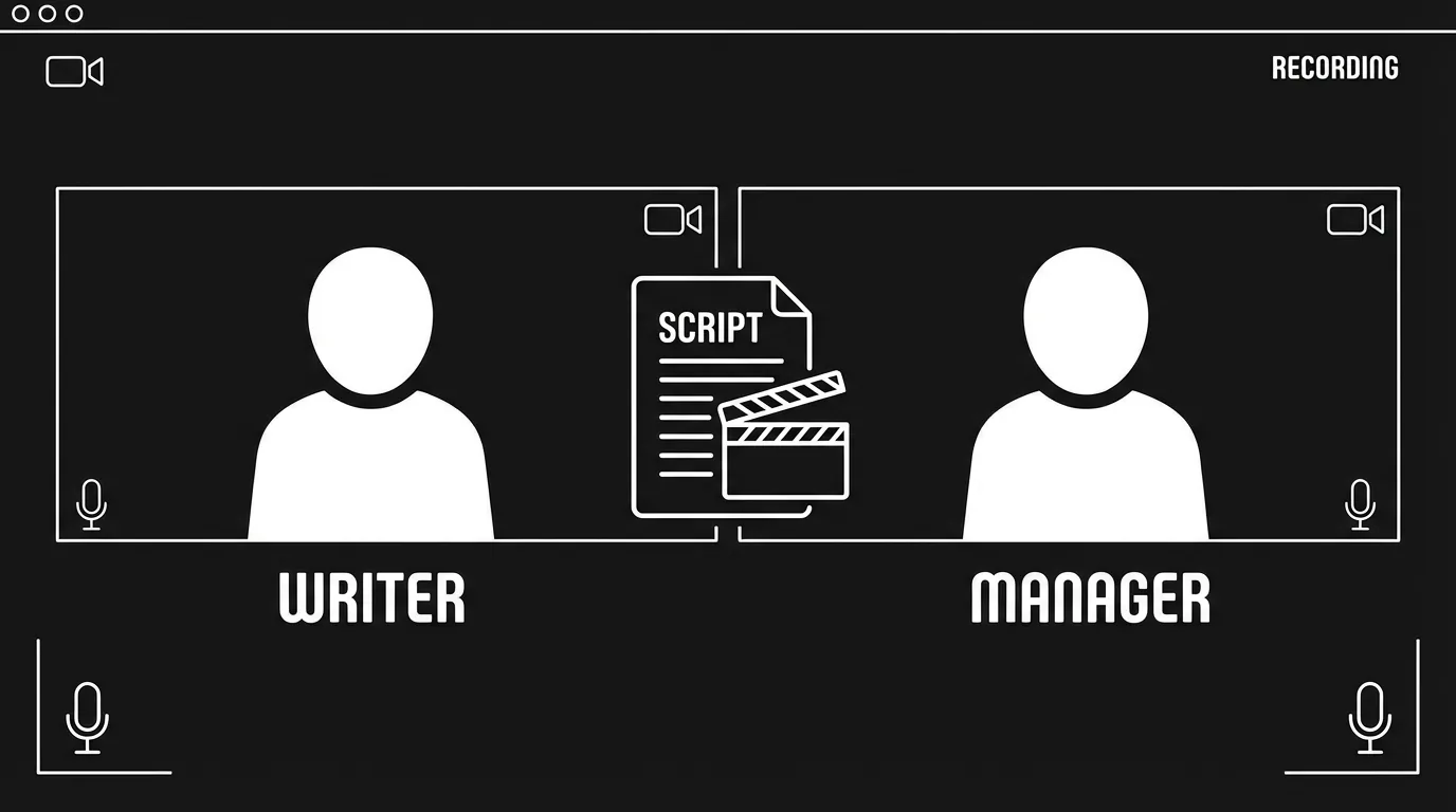 Meeting: writer and manager on Zoom; dark mode technical sketch