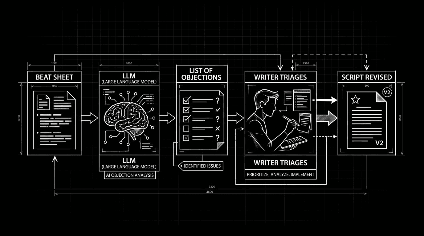 Prompt: Dark Mode Technical Sketch, flowchart: Beat sheet → LLM → List of objections → Writer triages → Script revised, clean white lines on black --ar 16:9