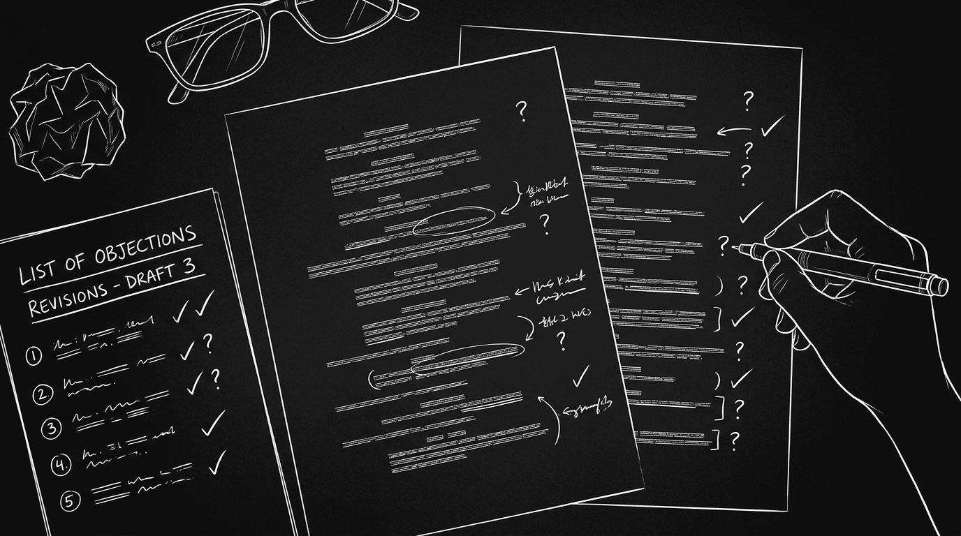 Prompt: Dark Mode Technical Sketch, script pages with question marks and checkmarks along the margin, writer reviewing list of objections, thin white lines on black --ar 16:9