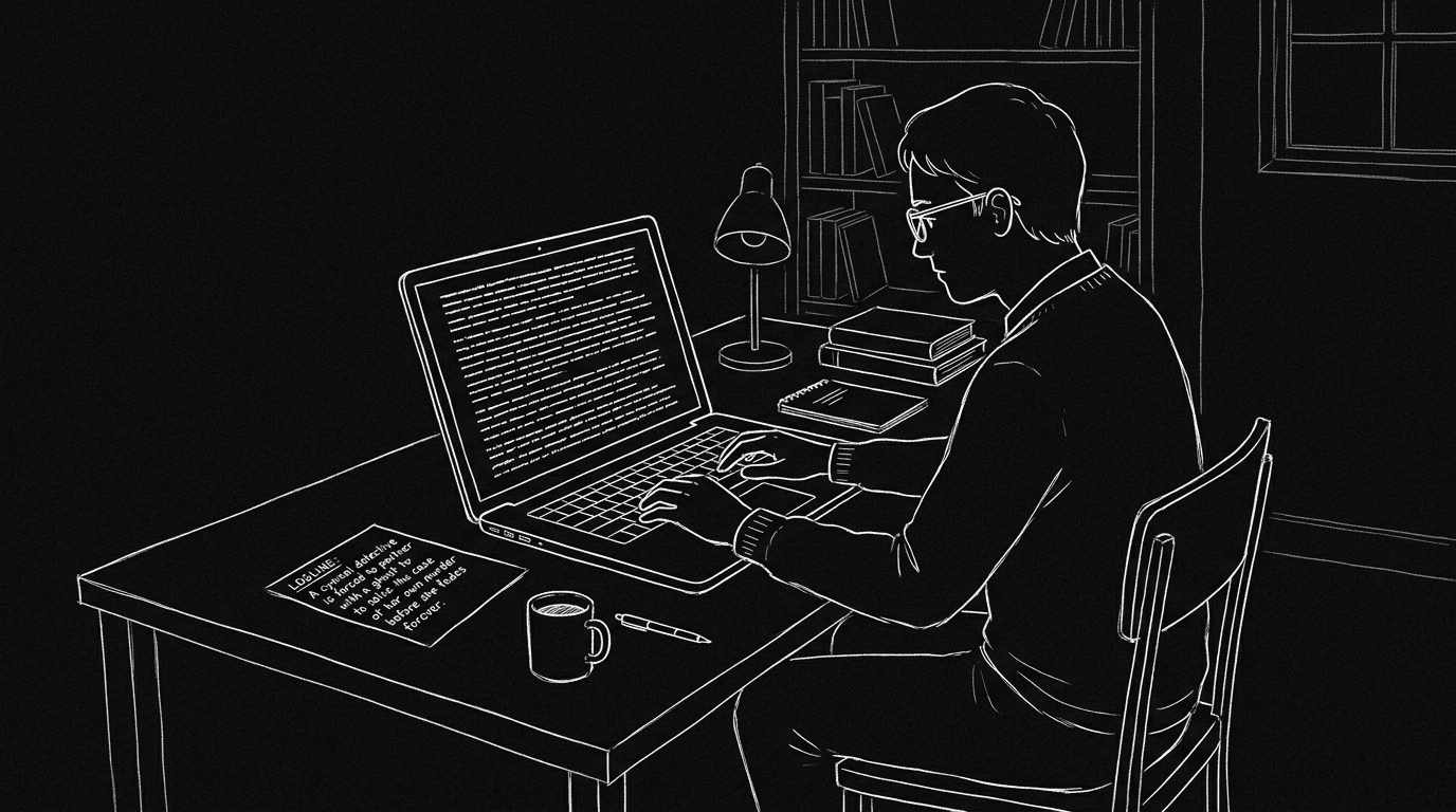 Prompt: Dark Mode Technical Sketch, writer at desk with one printed logline and a screen showing many lines, hand-drawn thin white on black, minimalist, no neon --ar 16:9