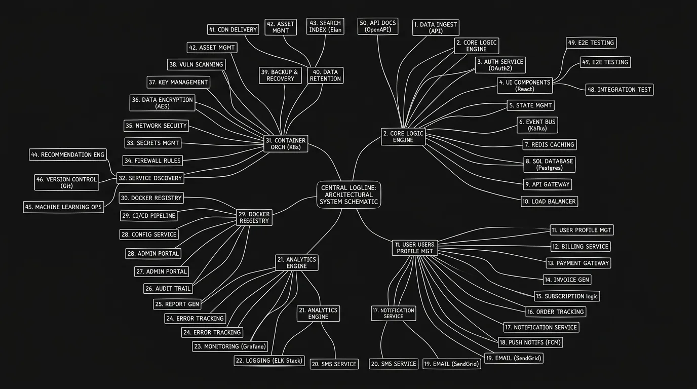 Dark mode technical sketch: one logline branching to 50 text nodes; thin white lines on black