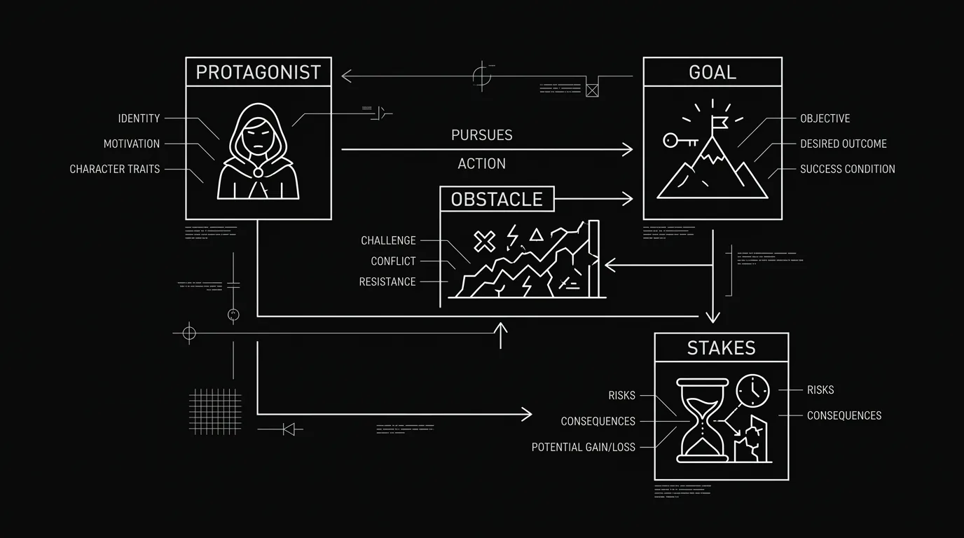 Formula breakdown: Protagonist, Goal, Obstacle, Stakes; dark mode technical sketch