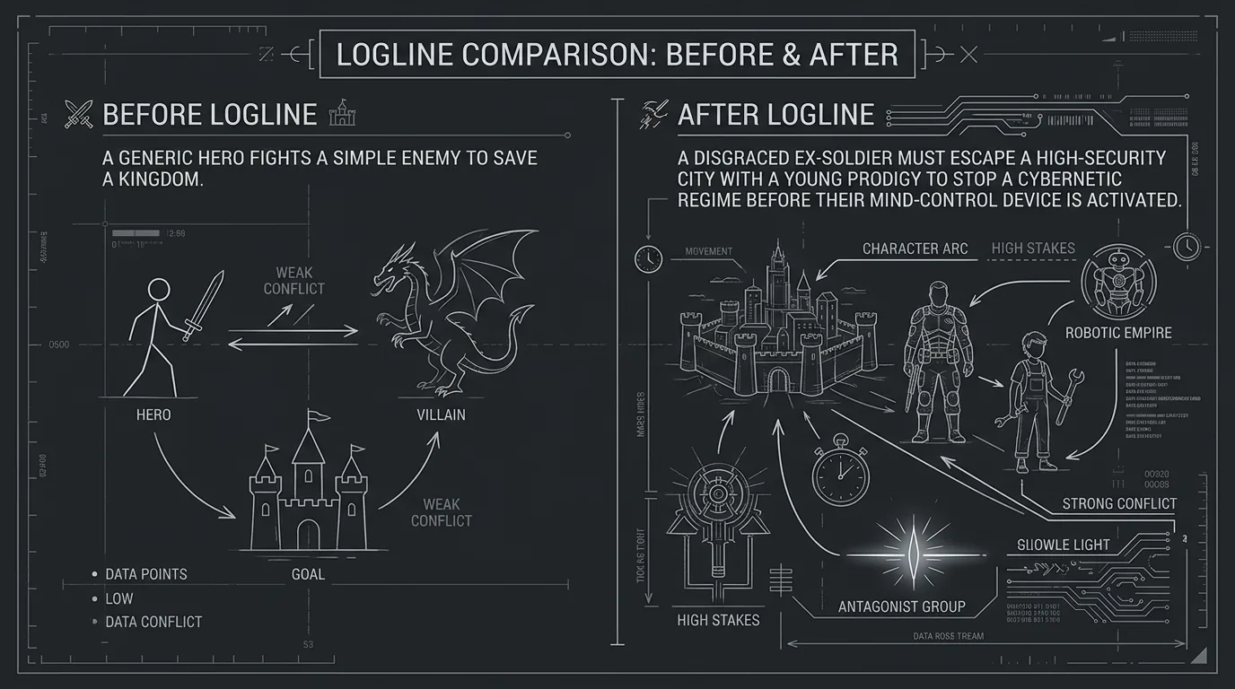 Before/after logline comparison; dark mode technical sketch