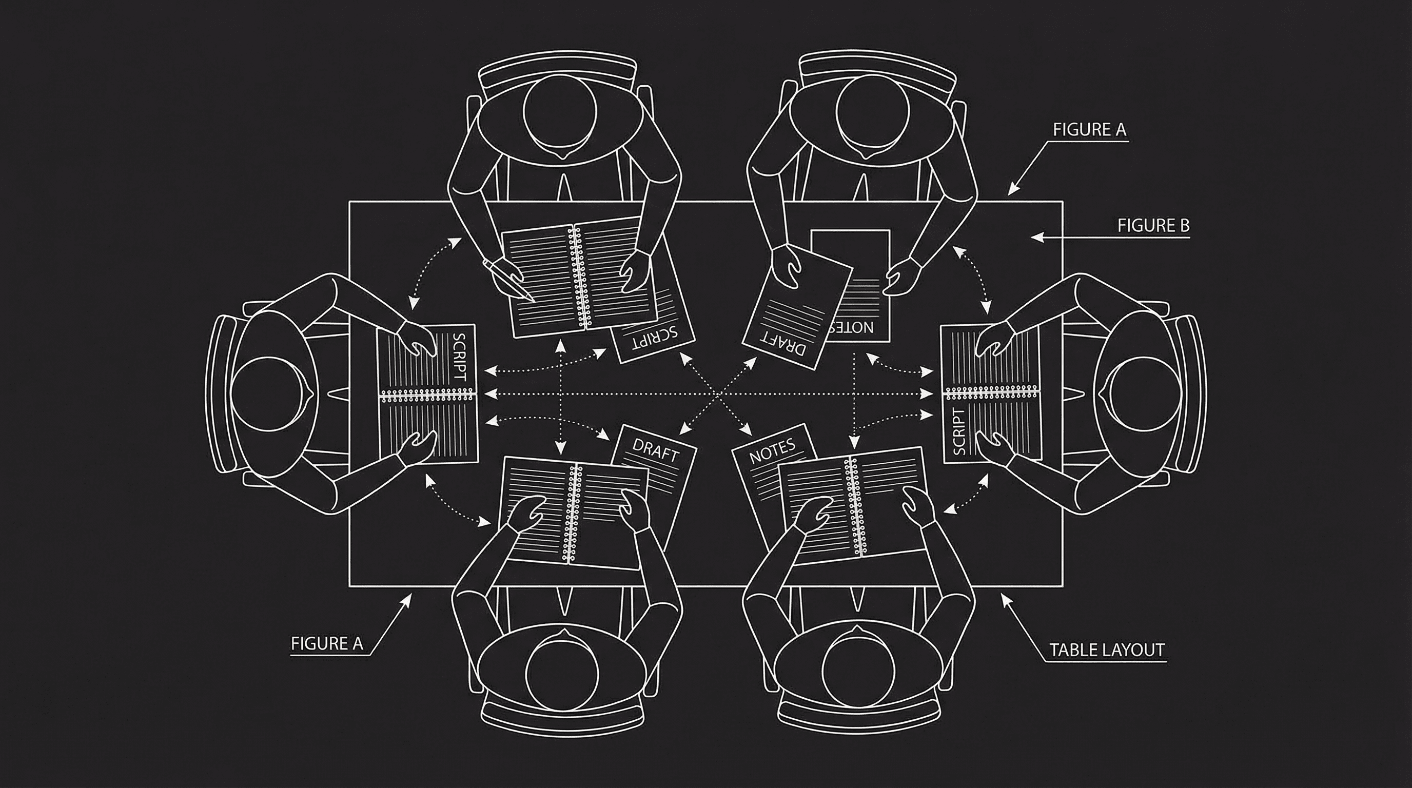 Small group of figures at a table, scripts between them