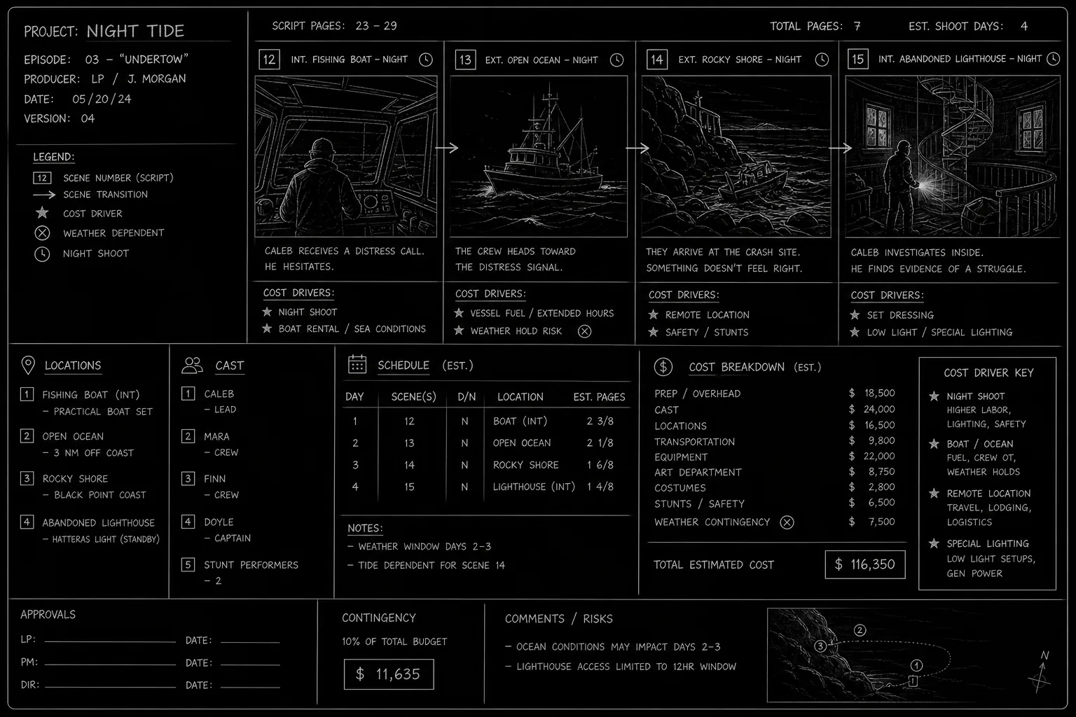 Production breakdown sheet linked to screenplay scenes with cost driver highlights; dark mode technical sketch