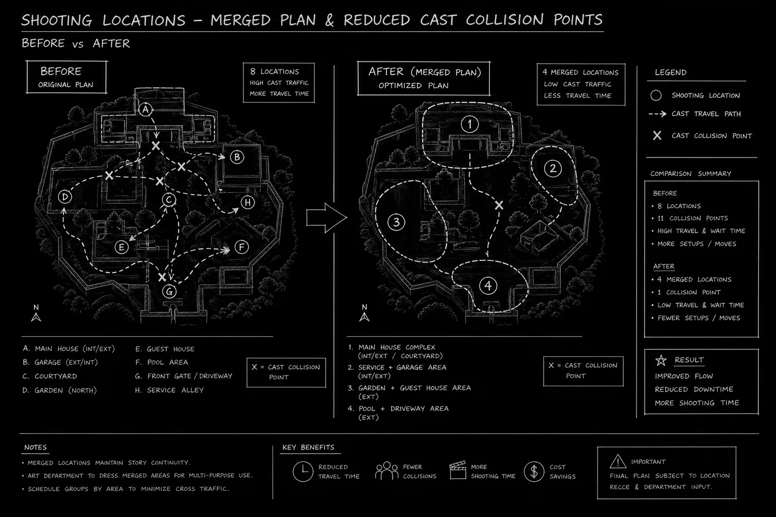 Before and after scene map showing merged locations and reduced cast collisions; dark mode technical sketch
