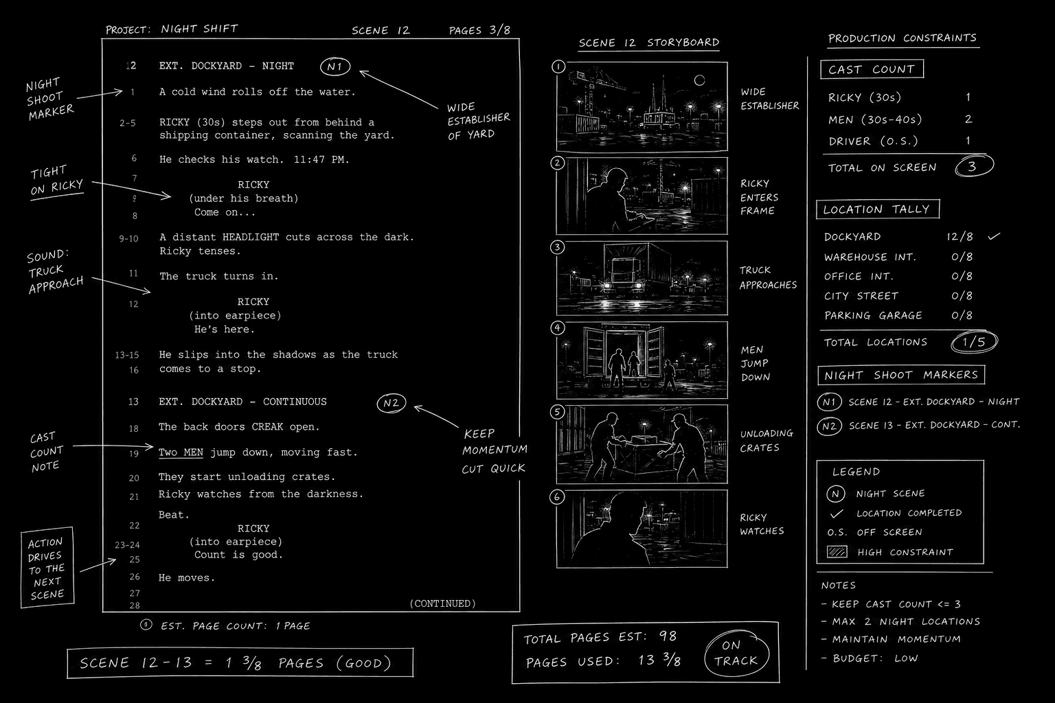 Dark mode technical sketch: script with production constraint annotations for cast and locations, thin white lines on black