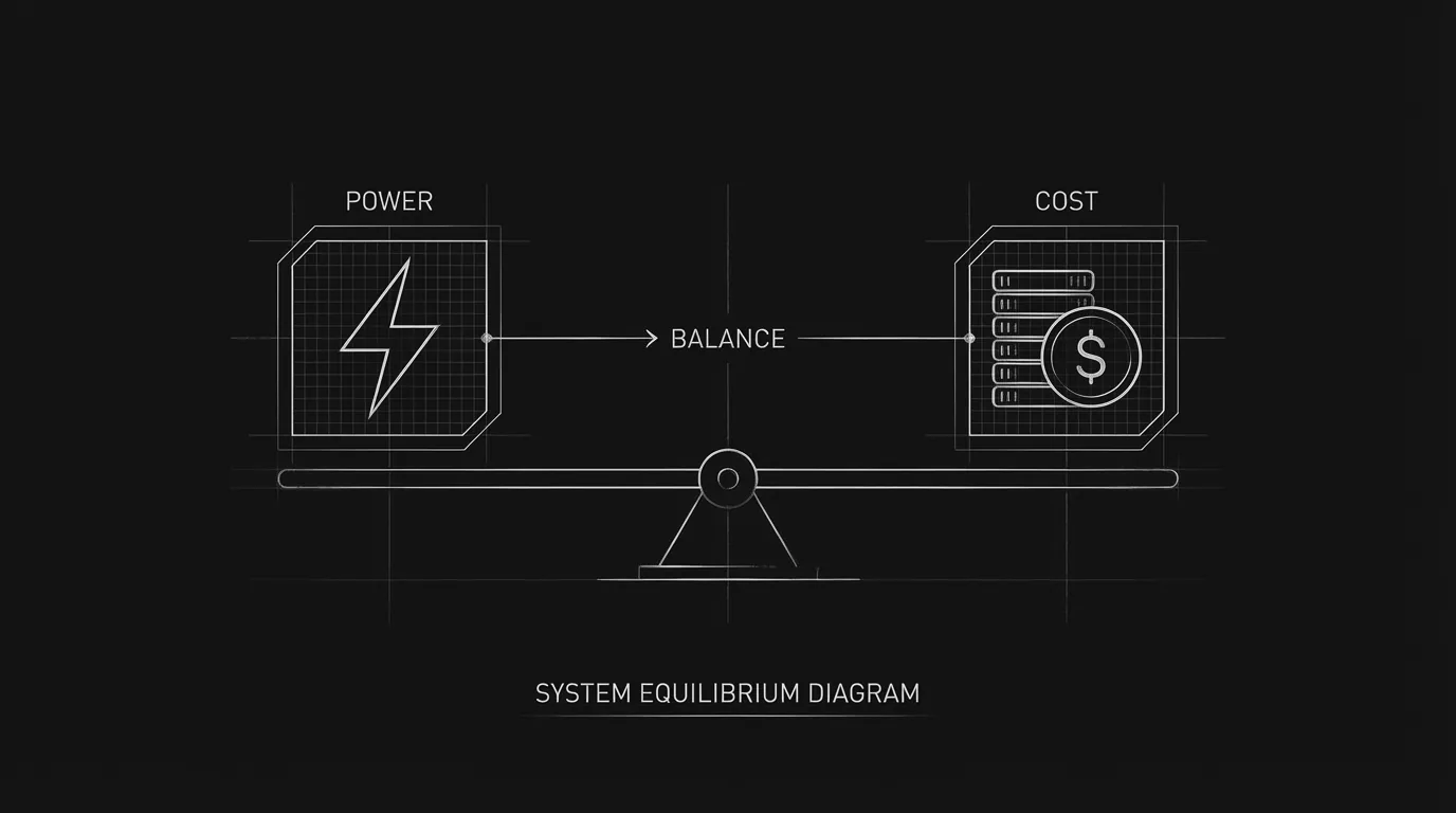 Power and cost in balance; dark mode technical sketch