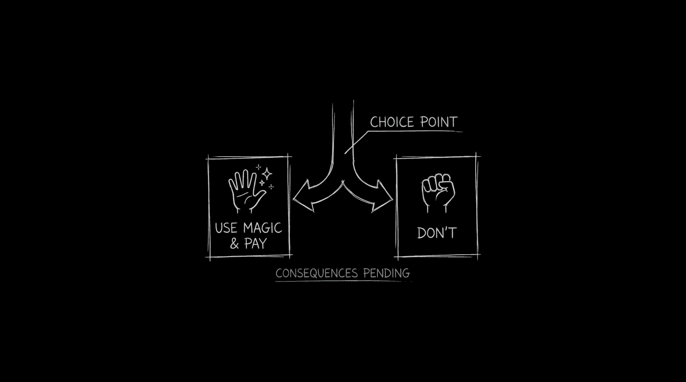 Choice: use magic and pay, or don’t; dark mode technical sketch