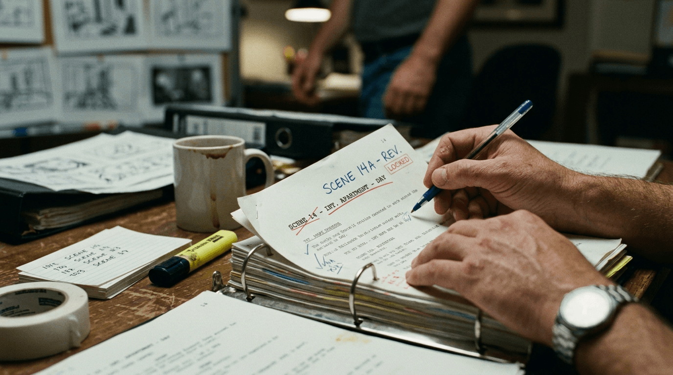 Cinematic workflow still, second angle, 35mm film grain