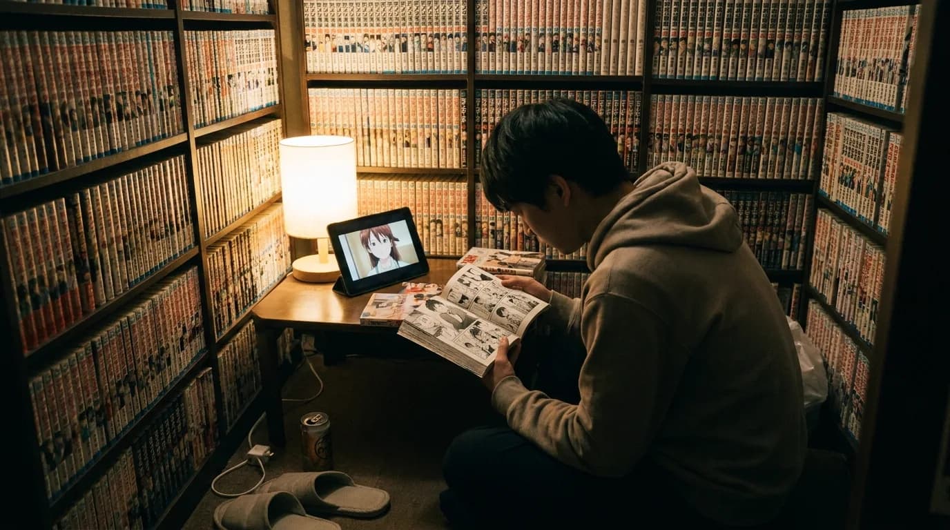 A private booth in a Tokyo manga cafe at night, walls of shelved manga volumes, a young man in a hoodie reading a black and white manga volume open on the desk beside a small tablet showing a single colour animated frame, cinematic still