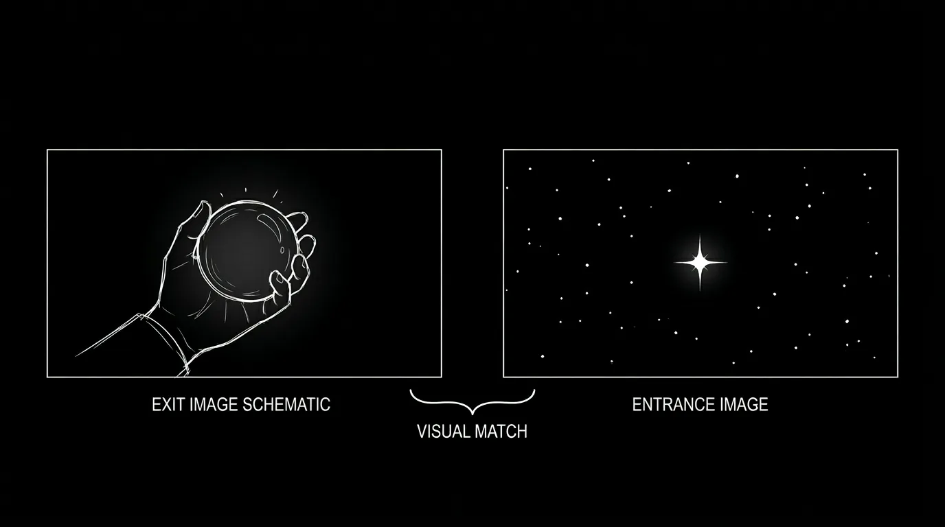 A side-by-side showing exit image and entrance image of a match cut; dark mode technical sketch, thin white lines on black background