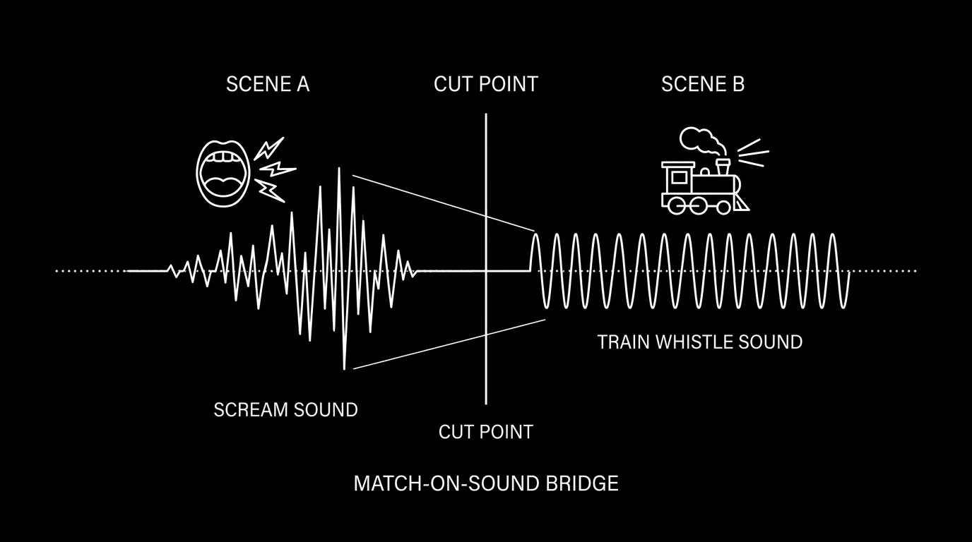 A script excerpt showing an audio match cut between scenes; dark mode technical sketch, thin white lines on black background