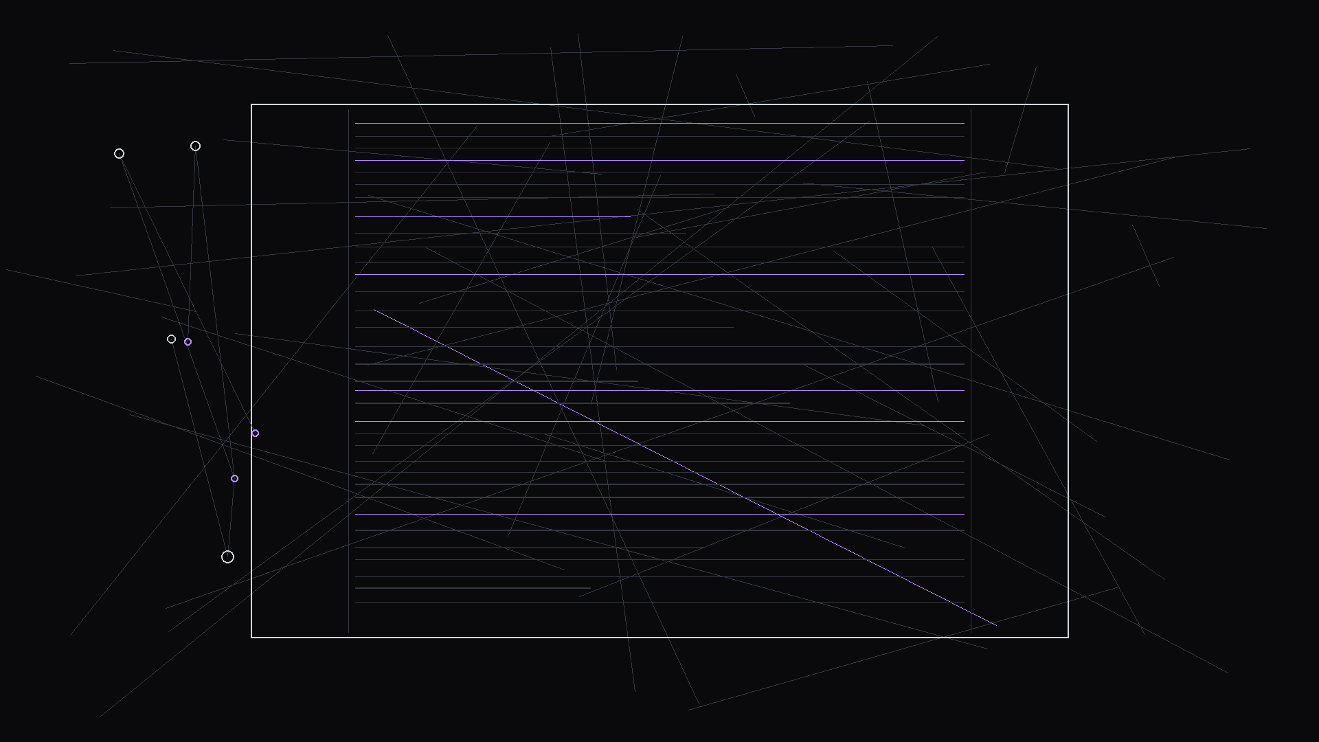 Dark mode technical sketch: script showing match cut transition between scenes; thin white lines on black