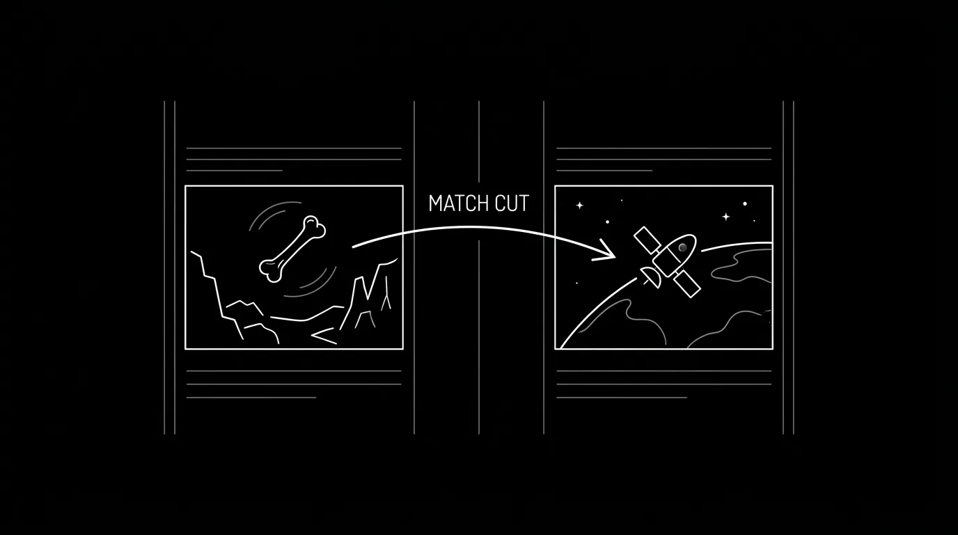 Dark mode technical sketch: script showing match cut transition between scenes; thin white lines on black