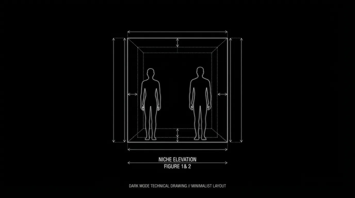 Two figures in a niche space; dark mode technical sketch