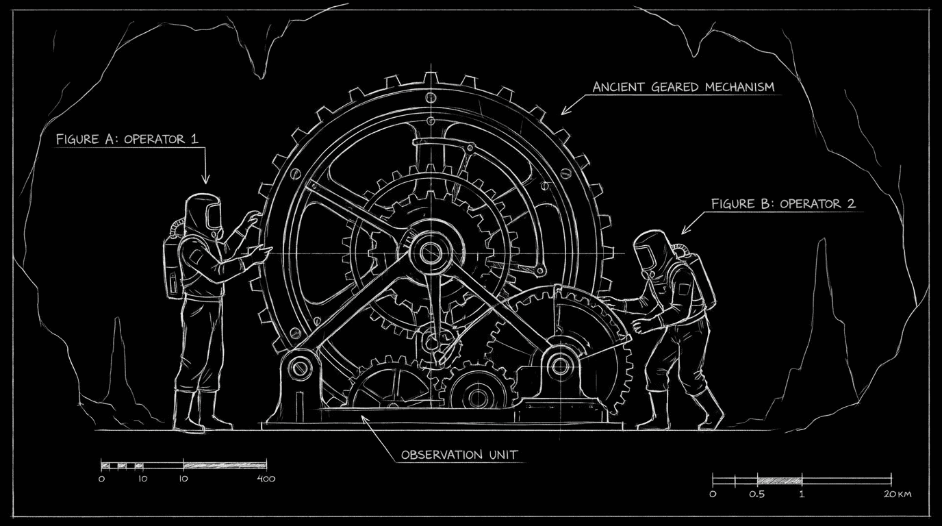 Unexpected context, two figures; dark mode technical sketch