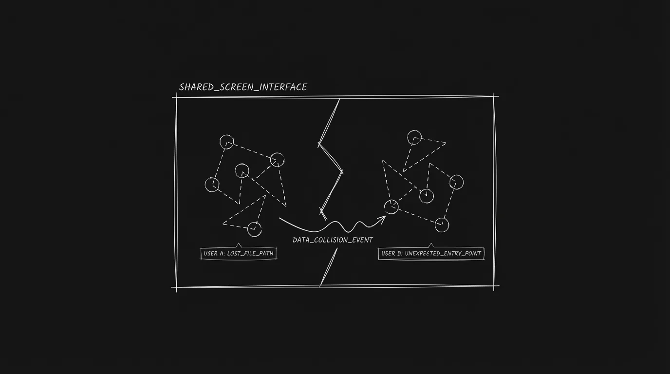 Two figures meet in an unexpected context; dark mode technical sketch