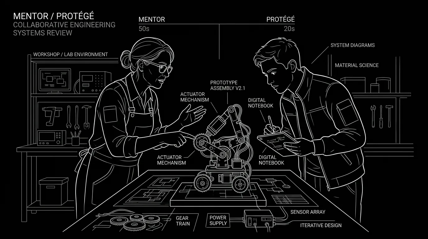 Mentor and protege; not sage-on-mountain; dark mode technical sketch