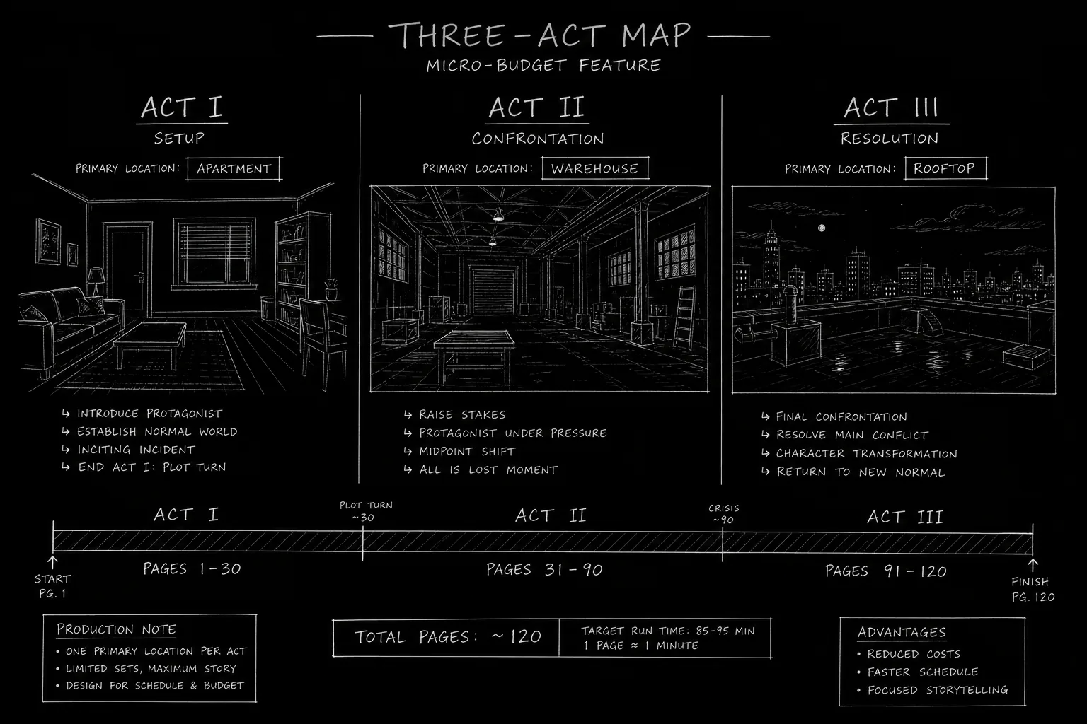 Three-location micro-budget act map with page count bands per act; dark mode technical sketch