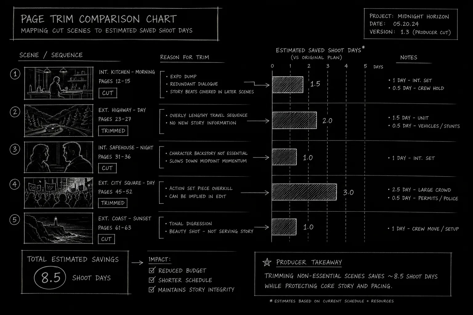 Page trim comparison chart with cut scenes mapped to saved shoot days; dark mode technical sketch