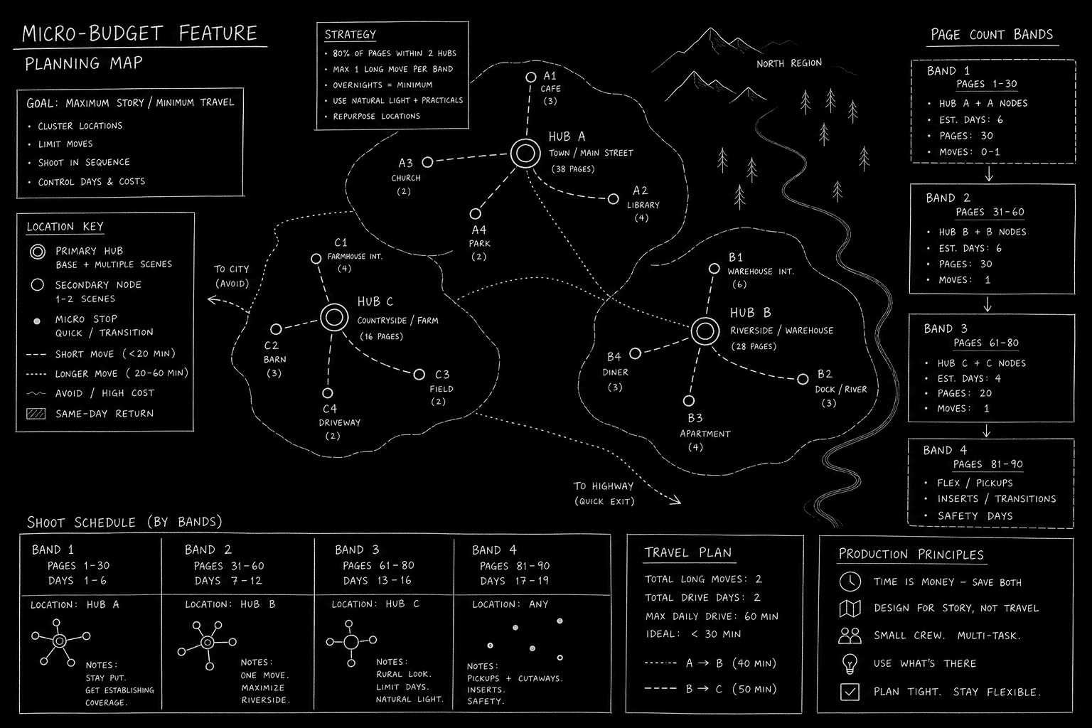 Dark mode technical sketch: micro-budget location cluster map with page count bands, thin white lines on black