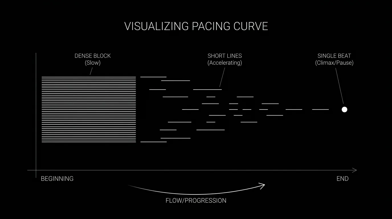 Pacing curve: dense block to short lines to single beat; dark mode technical sketch