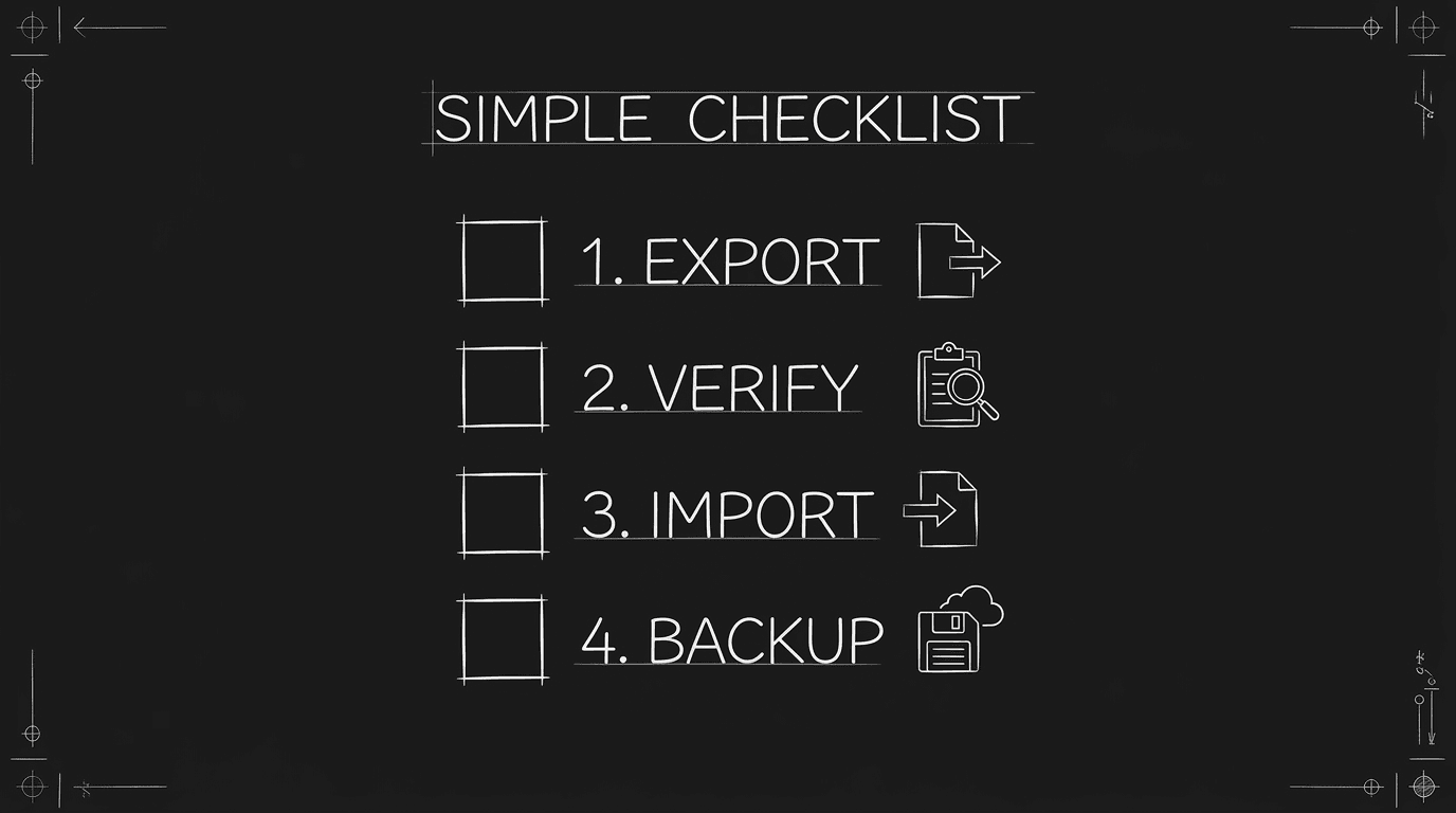 Dark mode technical sketch: checklist of migration steps; script icons and checkmarks; thin white lines on black