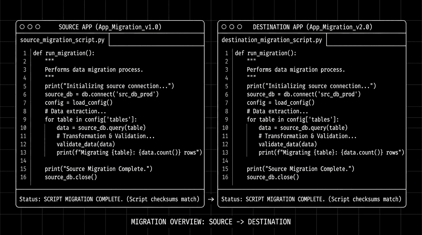 Dark mode technical sketch: two apps side by side; script in both; migration complete