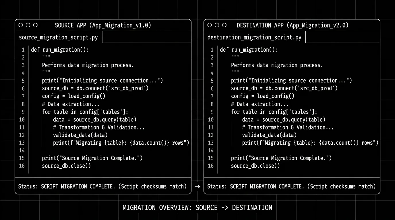 Dark mode technical sketch: two apps side by side; script in both; migration complete