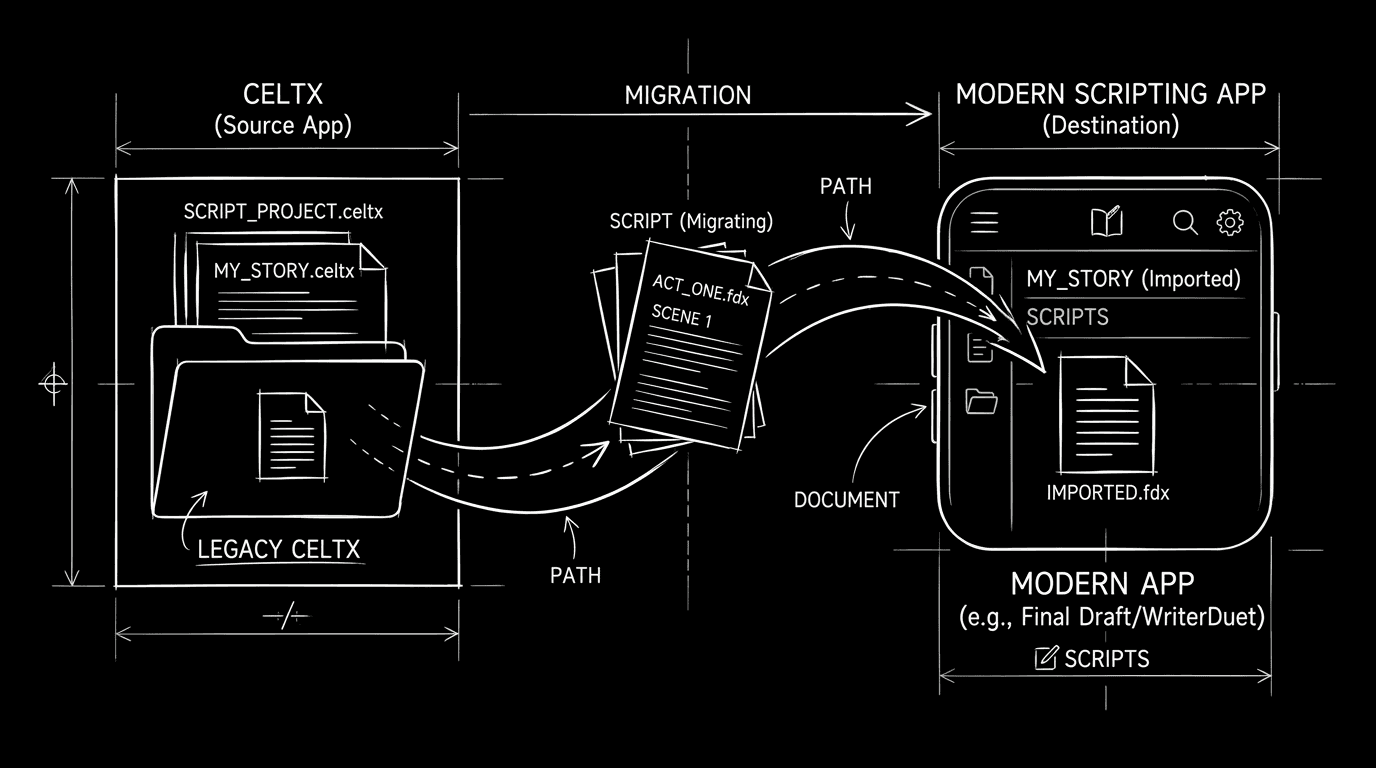 Dark mode technical sketch: script migrating from one platform to another; thin white lines on black