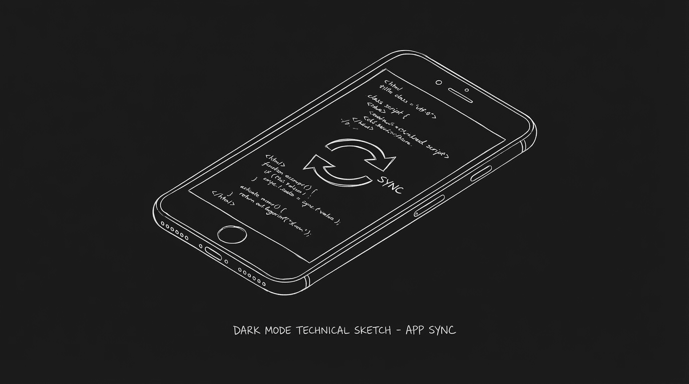 Phone with script app; sync arrow; dark mode technical sketch