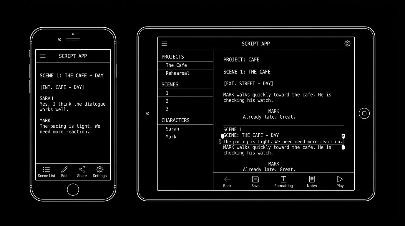 Phone and script app; dark mode technical sketch