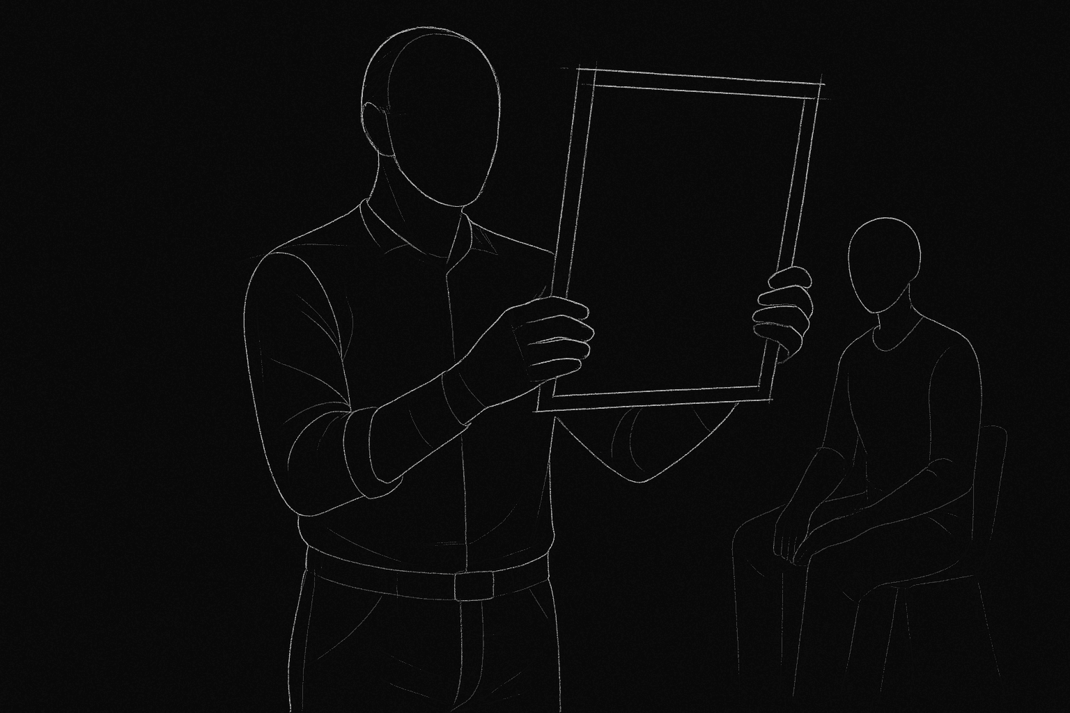 One figure holding the frame; listener in the background; dark mode technical sketch
