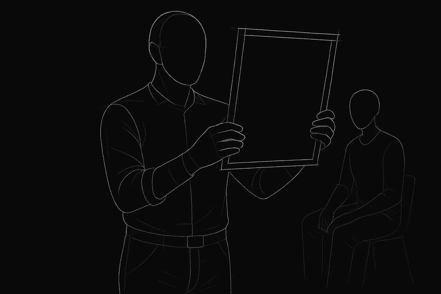 One figure holding the frame; listener in the background; dark mode technical sketch