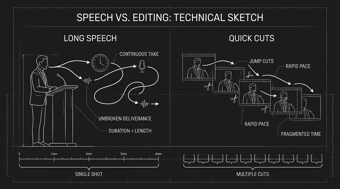 Single figure speaking; long speech vs quick cuts; dark mode technical sketch