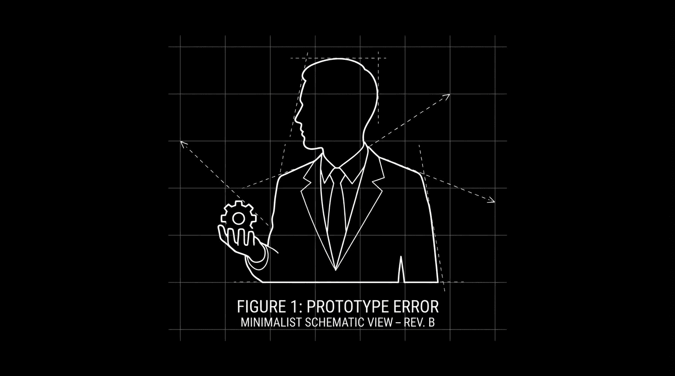 Silhouette with one wrong detail; dark mode technical sketch