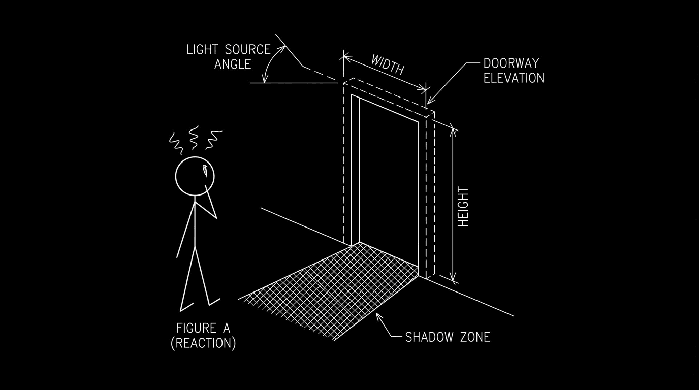 Door, shadow, character’s reaction; dark mode technical sketch