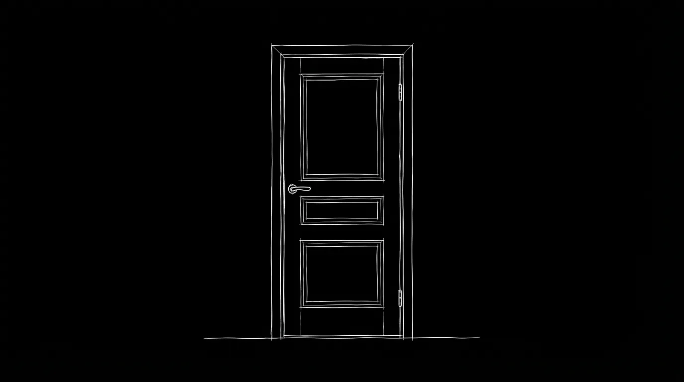 Closed door, suggestion of something beyond; dark mode technical sketch