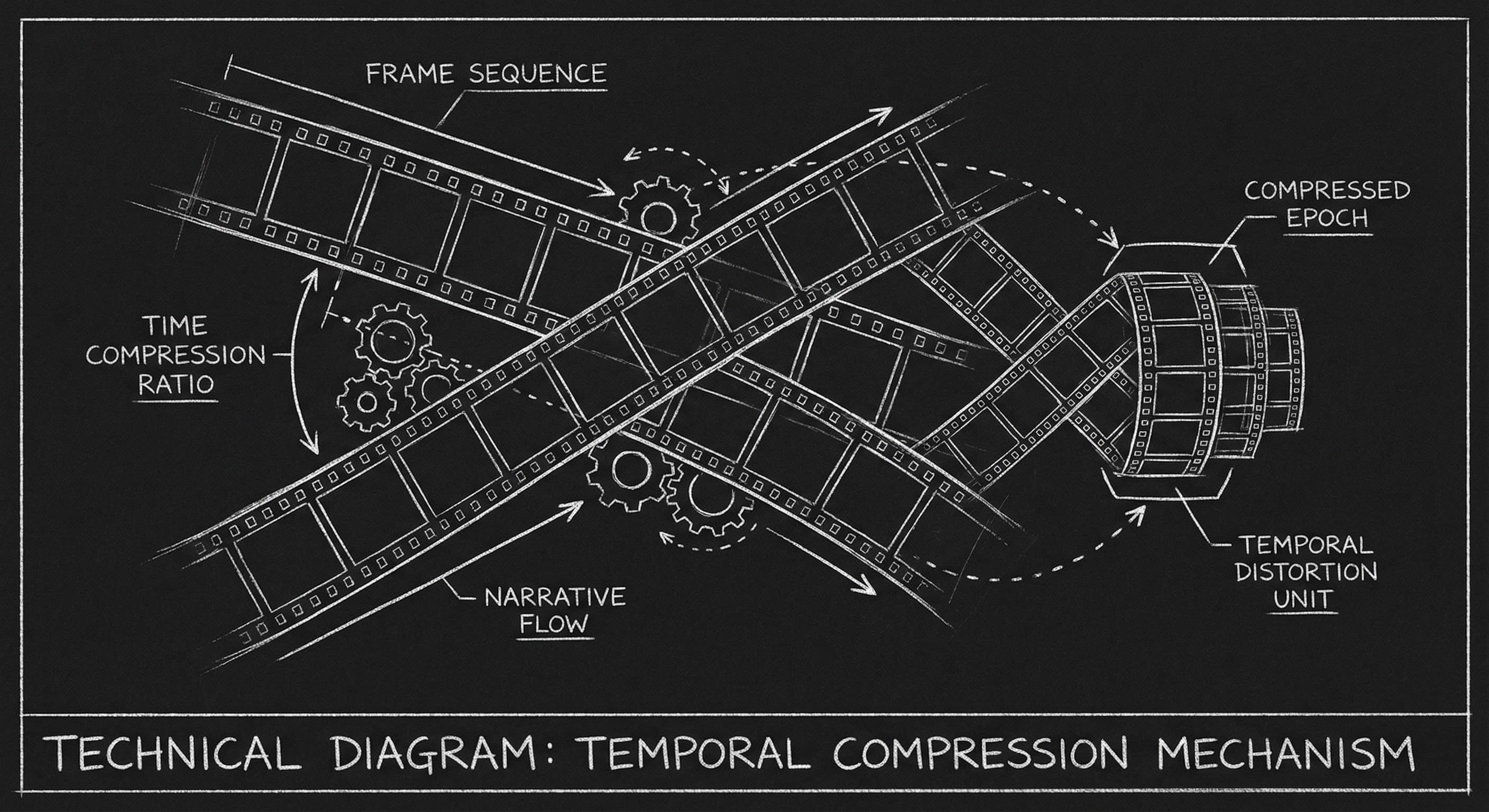 Montage: film strips compressing time; dark mode technical sketch