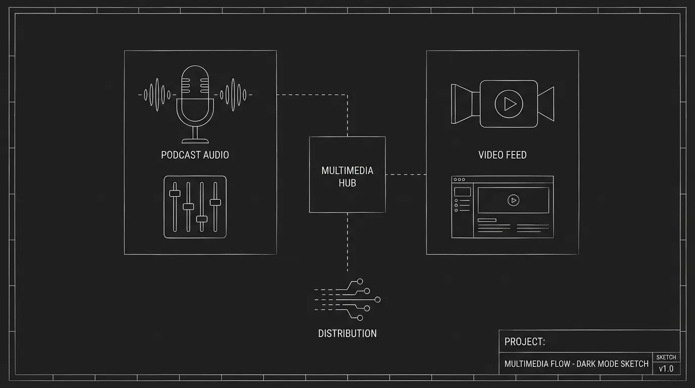 Script block: PODCAST / NEWS with dialogue; dark mode technical sketch