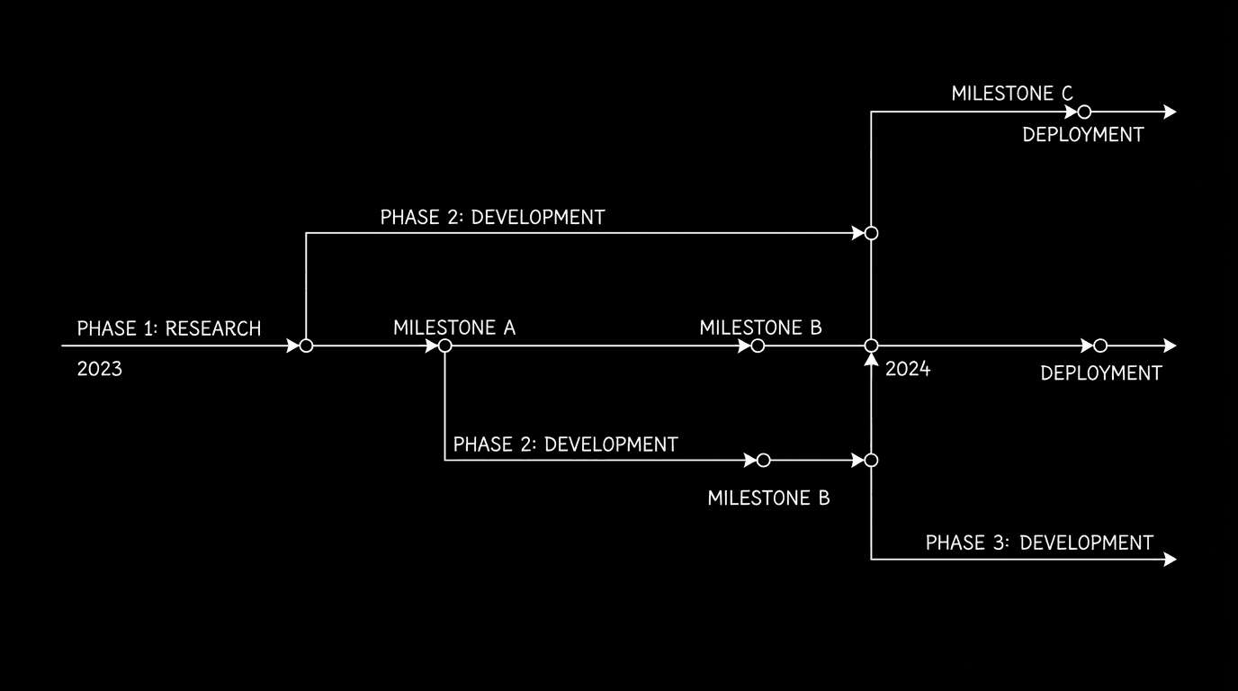 Timeline threads with labels; dark mode technical sketch