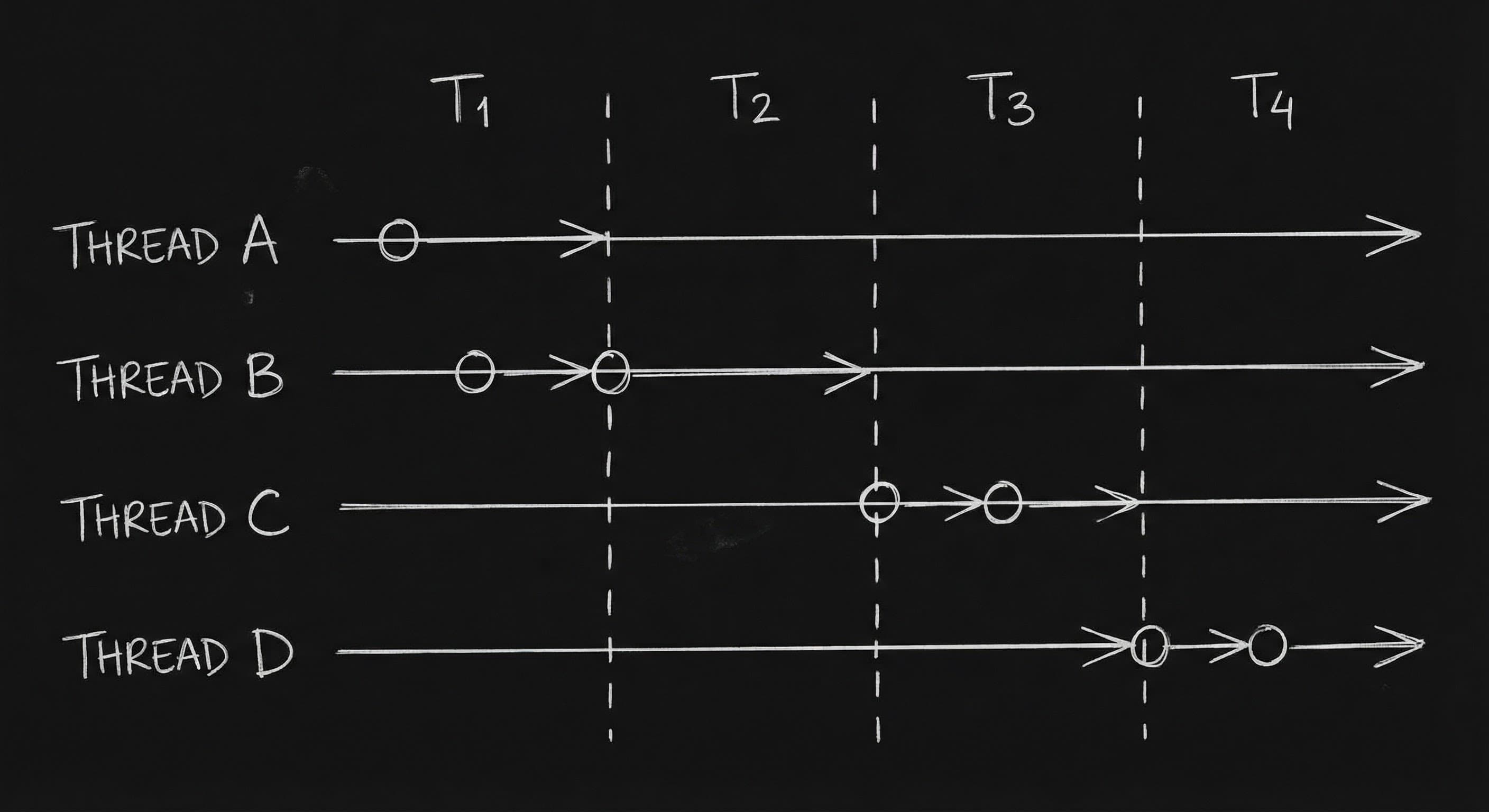 Multiple threads; labels; time stamps; solid black background, thin white lines; dark mode technical sketch
