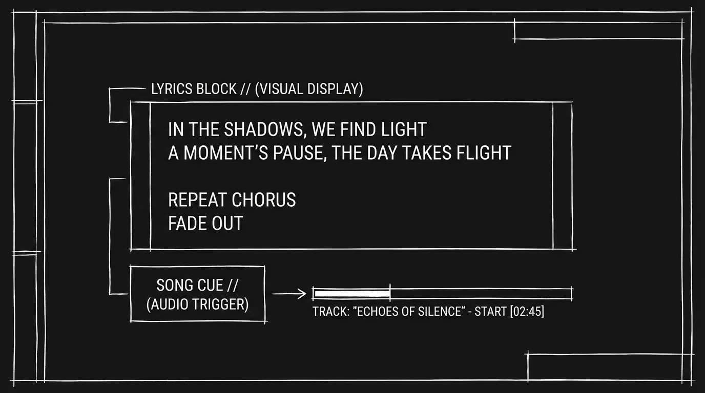 Lyrics block and song cue on script page; dark mode technical sketch