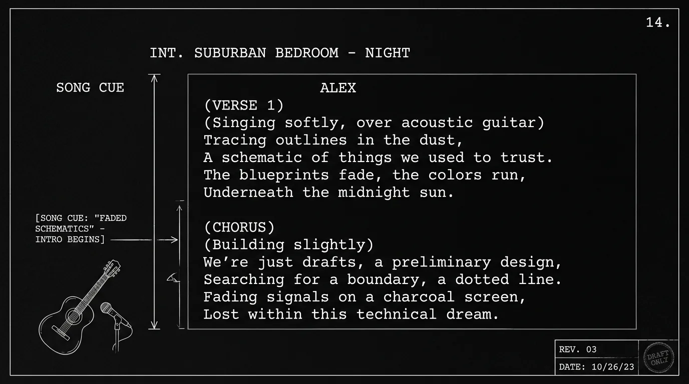 Lyrics and song cue on script; dark mode technical sketch