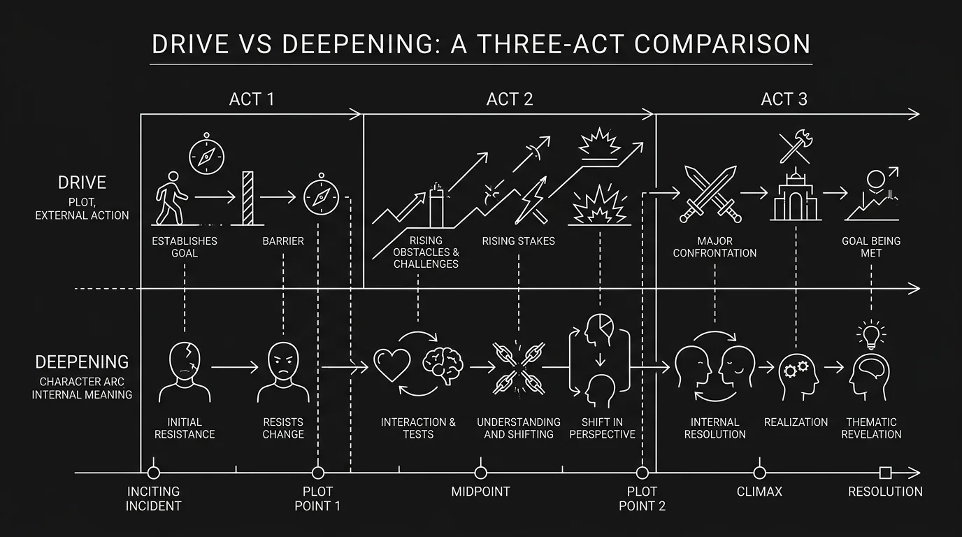 Drive vs deepening across three acts; dark mode technical sketch