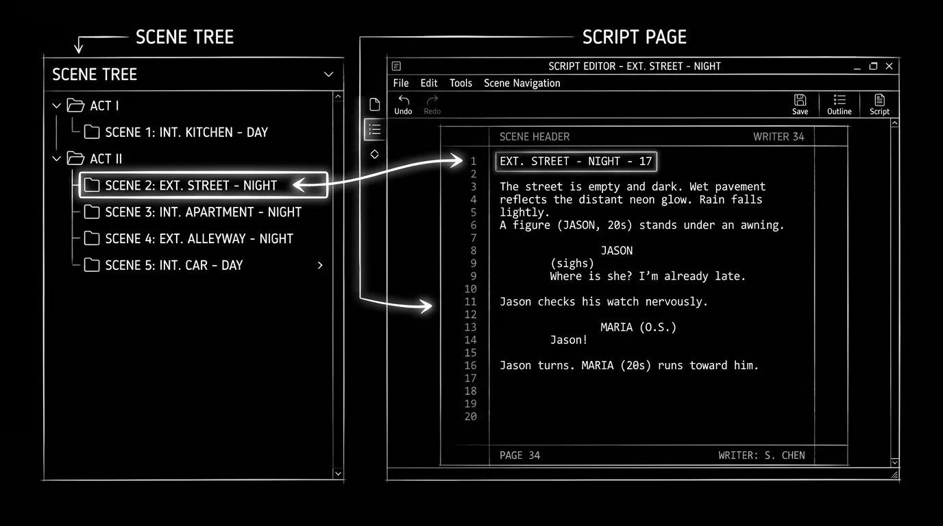 Dark mode technical sketch: vertical scene list and script page; thin white lines on black